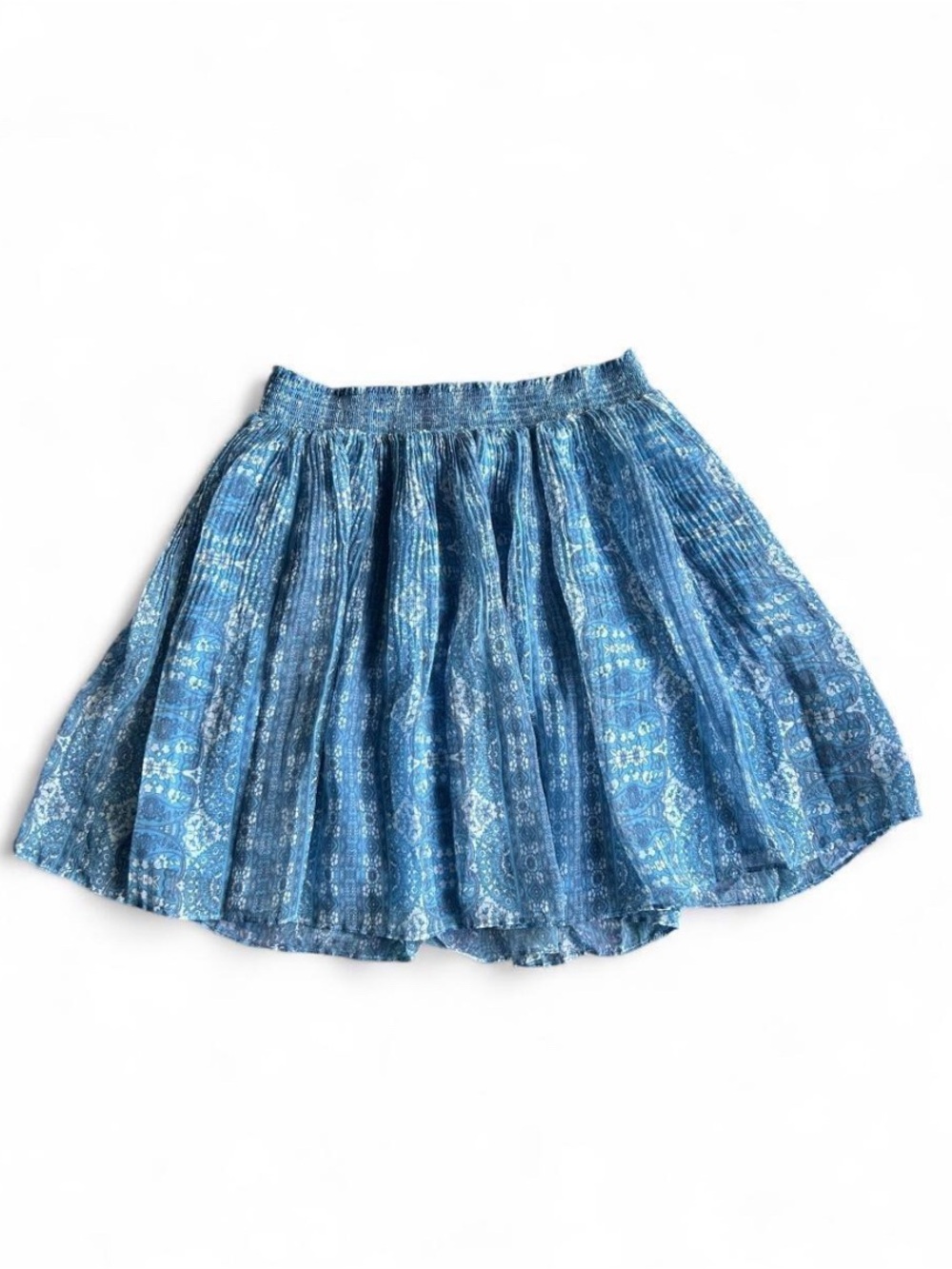INTERMIX Blue Printed Micropleat Mini Skirt Boho Paisley Elastic Waist Size P
